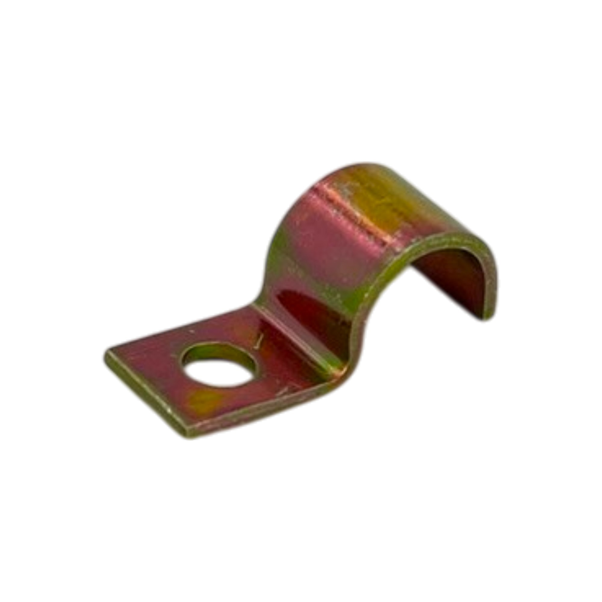 Gelb verzinkte Befestigungsschelle 1x12 DIN 72571 einlaschig mit 5,8 mm Loch.