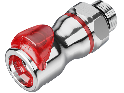LQ6D30008RED LQ6 Kupplung aus glänzendem Metall mit rotem Absperrventil, 1/2 Zoll SAE-Gewinde und EPDM-Dichtung, auf weißem Hintergrund dargestellt.