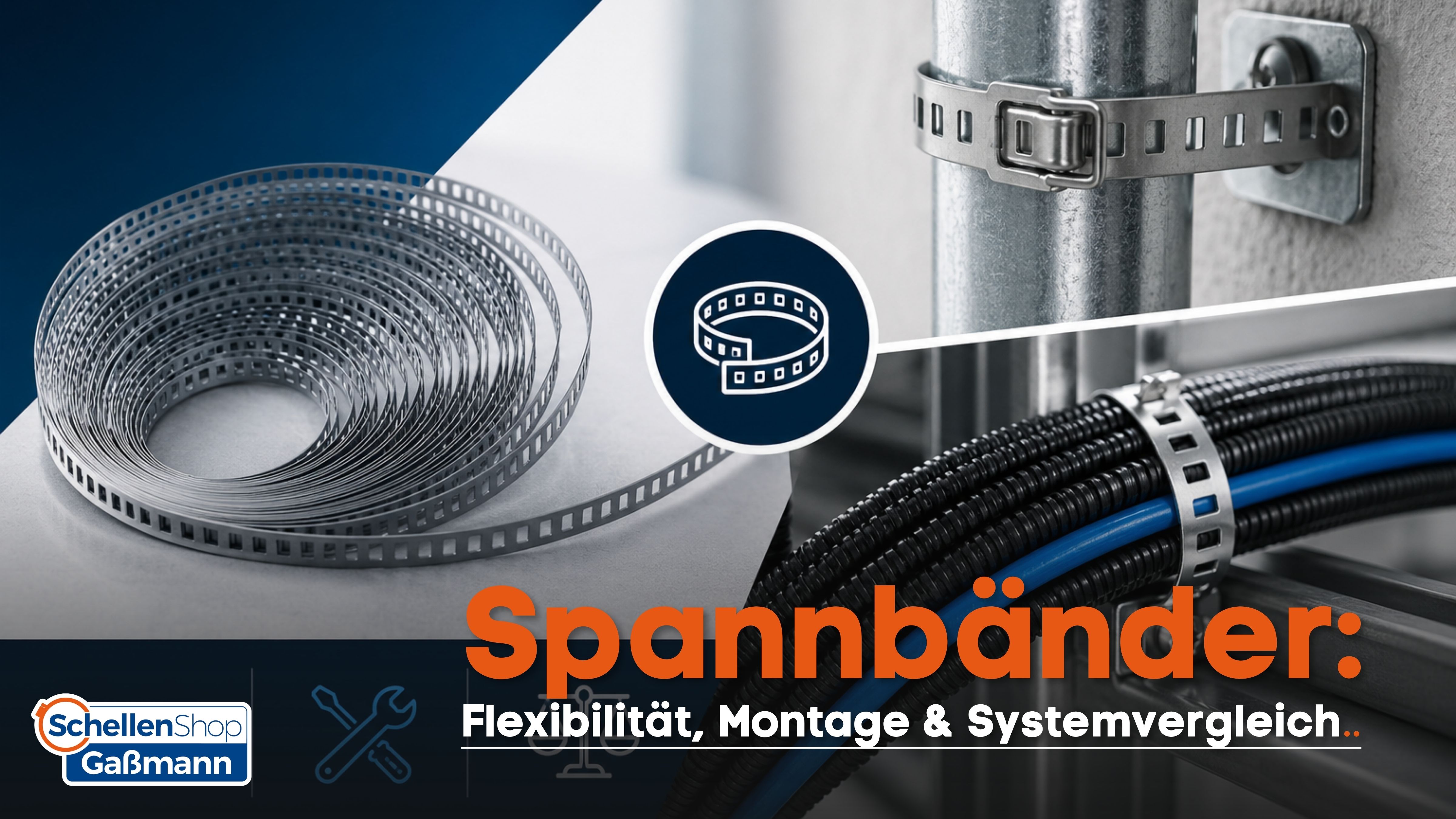 Eine Collage zeigt verschiedene Anwendungen von Metall-Spannbändern: eine aufgerollte Rolle des perforierten Bands, ein Spannband, das ein Rohr an einer Wand befestigt, und ein weiteres, das gebündelte schwarze Wellrohre und blaue Kabel in einer Kabelrinn