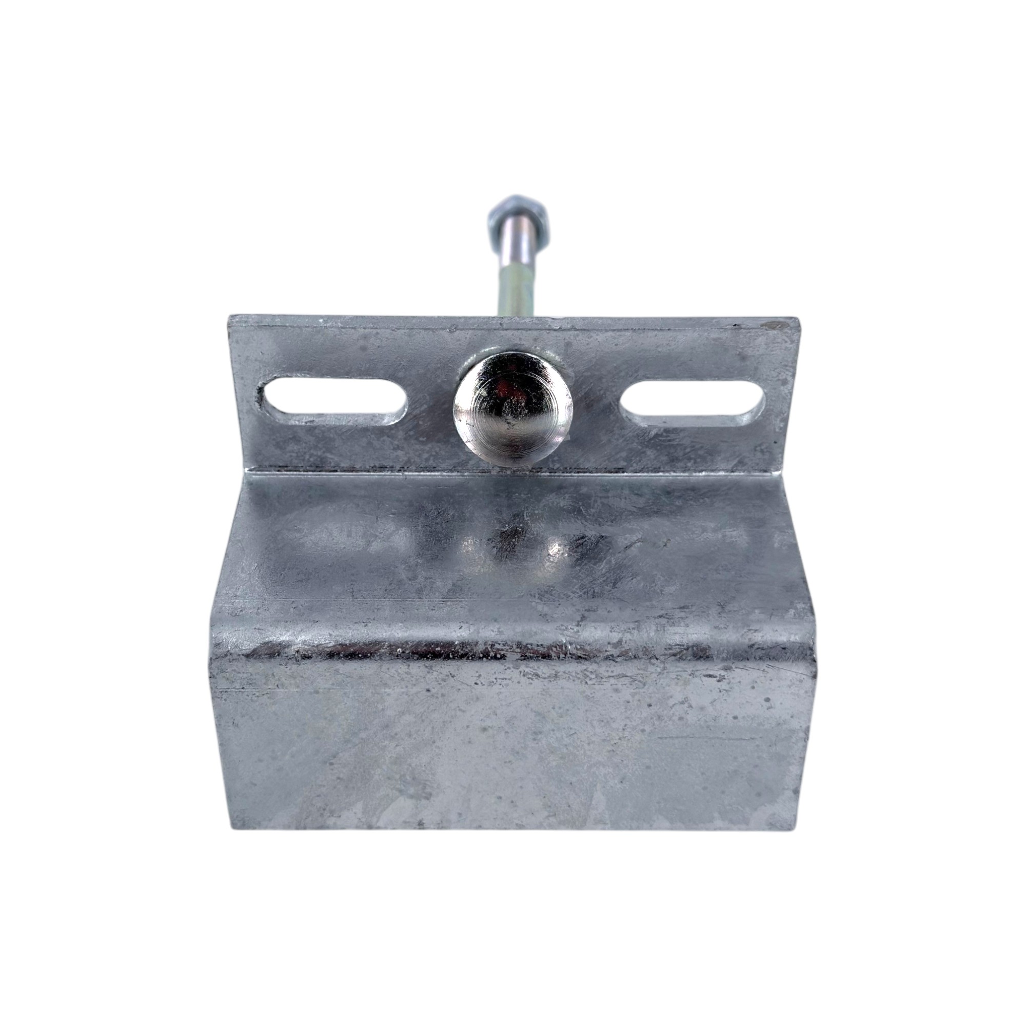 Vorderansicht eines Zaunhalters aus verzinktem Stahl mit U-Profil 45x45 mm und einer Schlossschraube.