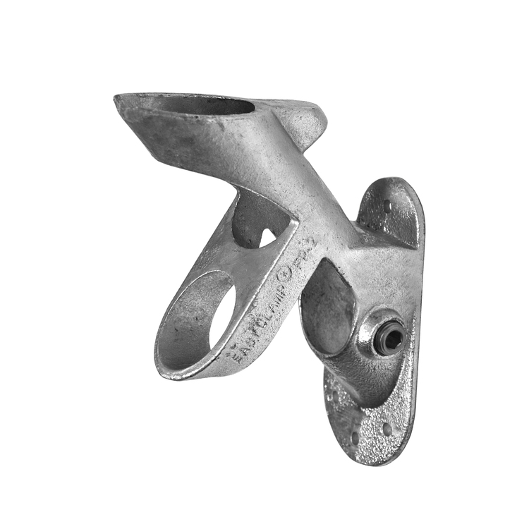 Grauer Rohrverbinder 90° und 45° Flaggenhalterung / Fahnenhalter Ø 33.7 mm - Typ FP2 aus Gusseisen zur Wandmontage.