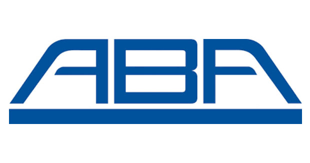 ABA Unternehmenslogo Logo des Unternehmens ABA in blauem, stilisiertem Schriftzug mit einem horizontalen Balken darunter auf weißem Hintergrund.