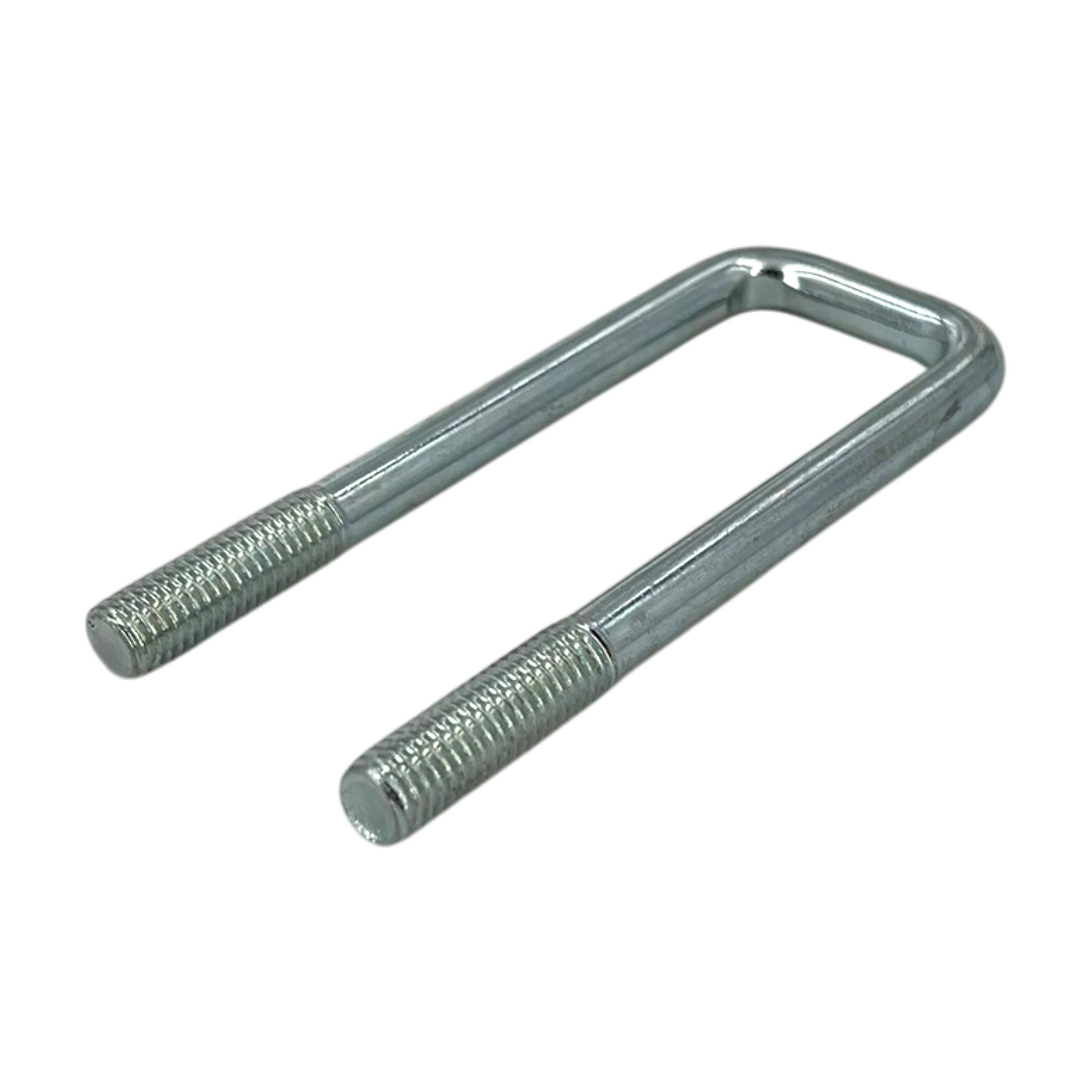 Silberfarbener Rechteckbügel ähnl. Typ 3575 (31 x 110 mm), M10, aus verzinktem Stahl mit zwei Gewindeenden auf weißem Hintergrund.