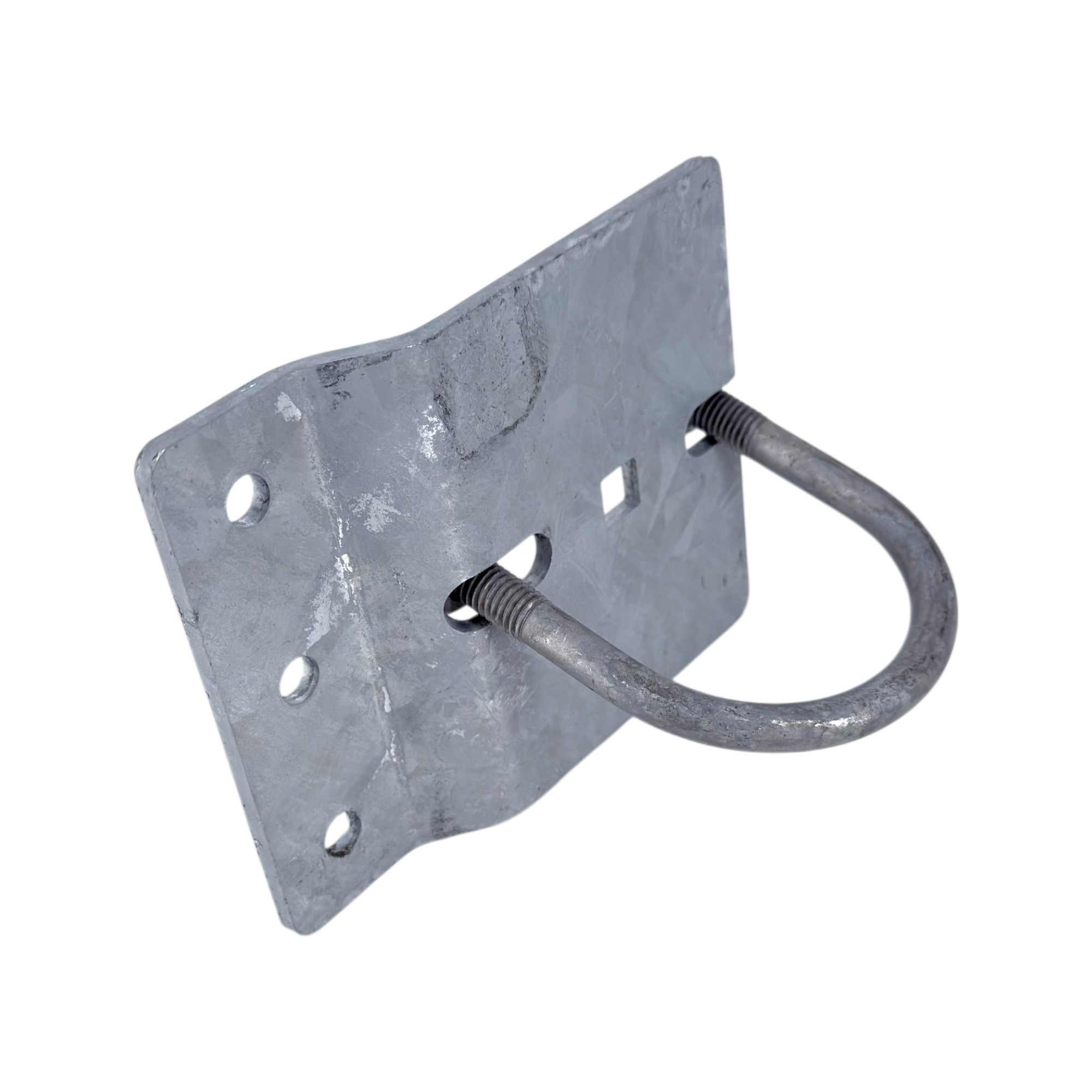 Rangerzaun Eckverbinder / Anfang aus verzinktem Stahl mit Rundstahlbügel, passend für RANCH-Zäune. Das Produkt zeigt eine robuste, graue Metallplatte mit Befestigungslöchern und einem U-förmigen Bügel zur sicheren Zaunmontage.