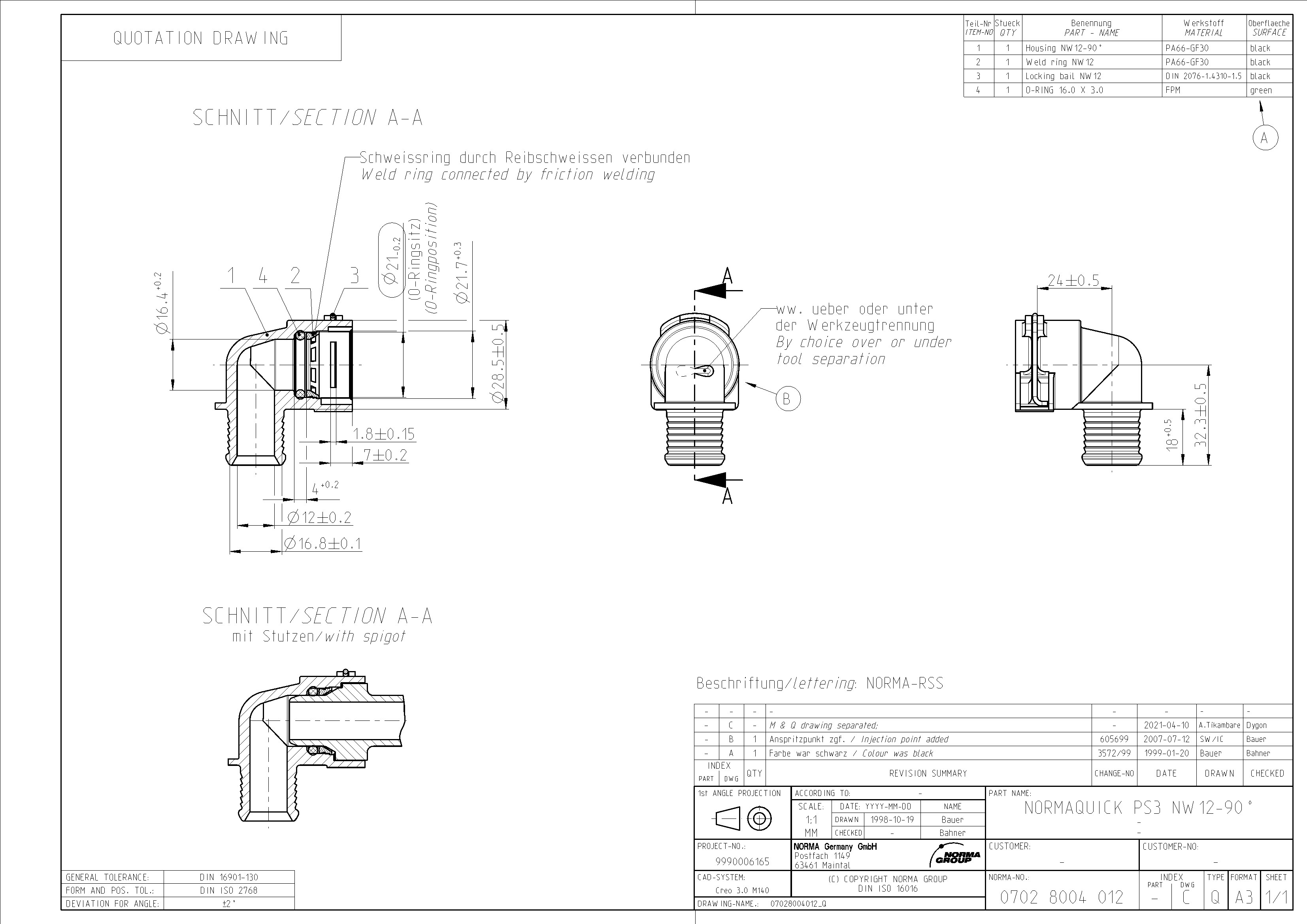 NORMAQUICK PS3 NW 12-90°: Produktdetailzeichnung mit Material- und Oberflächenspezifikationen Technische Zeichnung des NORMAQUICK PS3 NW 12-90° 90-Grad-Winkelschlauchs mit detaillierten Schnittansichten, Maßen und einer Stückliste der schwarzen Gehäuse-, Schweiß- und Sicherungsringkomponenten sowie eines grünen O-Rings.