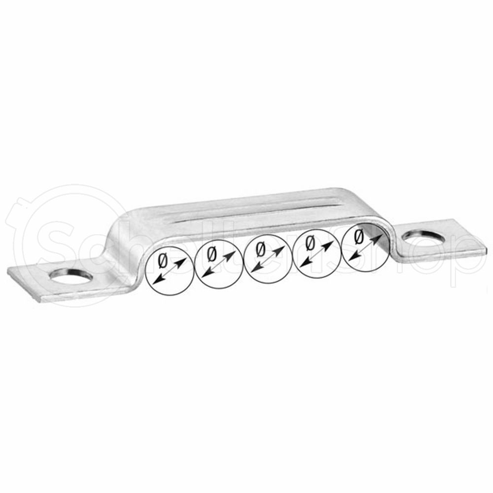 Befestigungsschelle BSL DIN 72573 für 4 Leitungen/Kabel Befestigungsschelle BSL nach DIN 72573 aus glänzendem Metall für 4 Leitungen/Kabel. Die U-förmige Schelle zeigt fünf symbolische Durchmesser-Markierungen für Kabel und je ein Befestigungsloch an den flachen Enden.