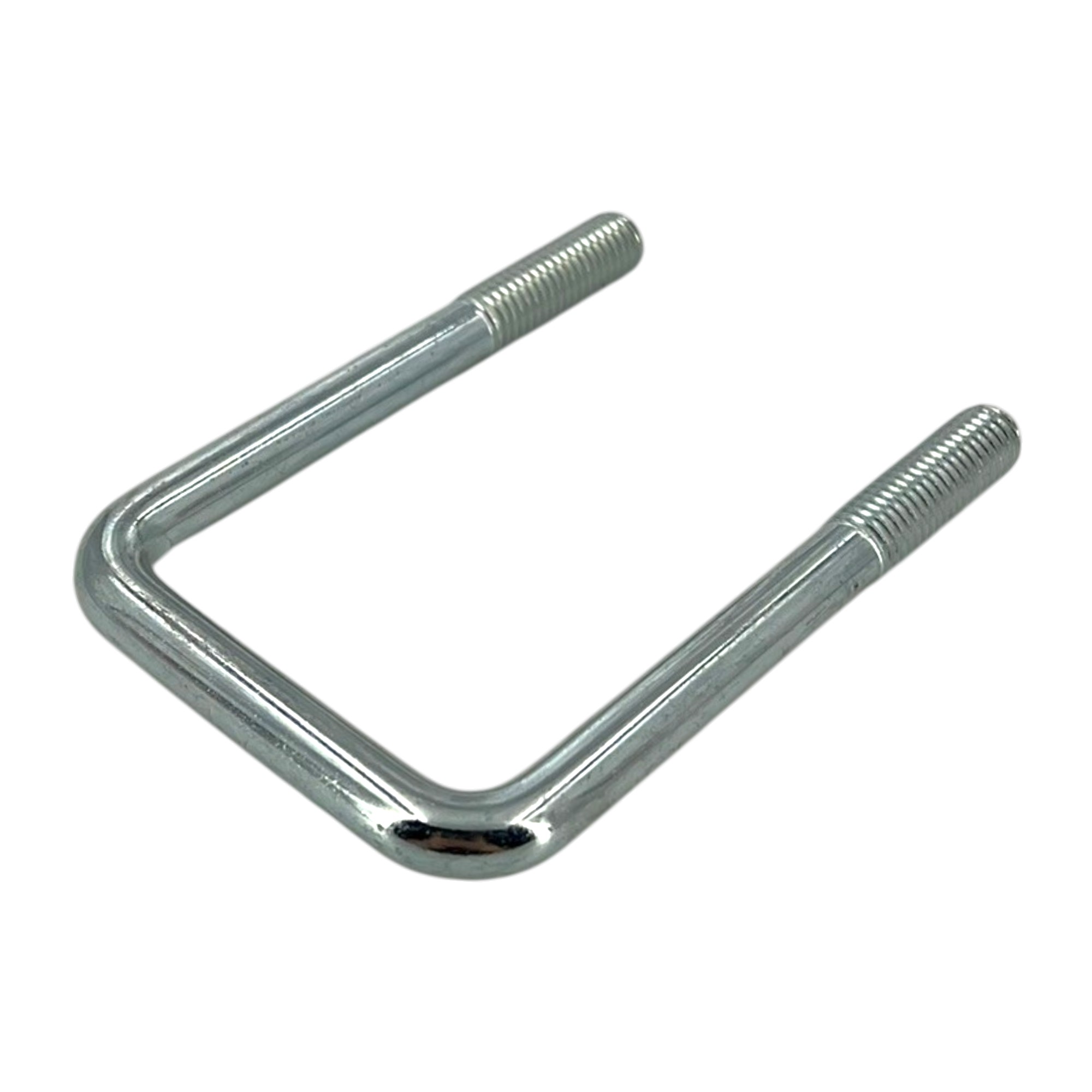 Ein verzinkter Rechteckbügel, ähnlich Typ 3575, in den Maßen 52 x 90 mm mit M10 Gewinde. Der glänzende U-förmige Metallbügel ist auf weißem Hintergrund dargestellt.
