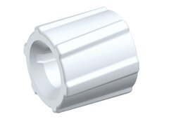 LMSR70 drehbarer Luer-Lock-Anschluss aus PVDF (Natur). Ein weißes, zylindrisches Kunststoffbauteil mit ausgeprägten Rillen an der Außenfläche.