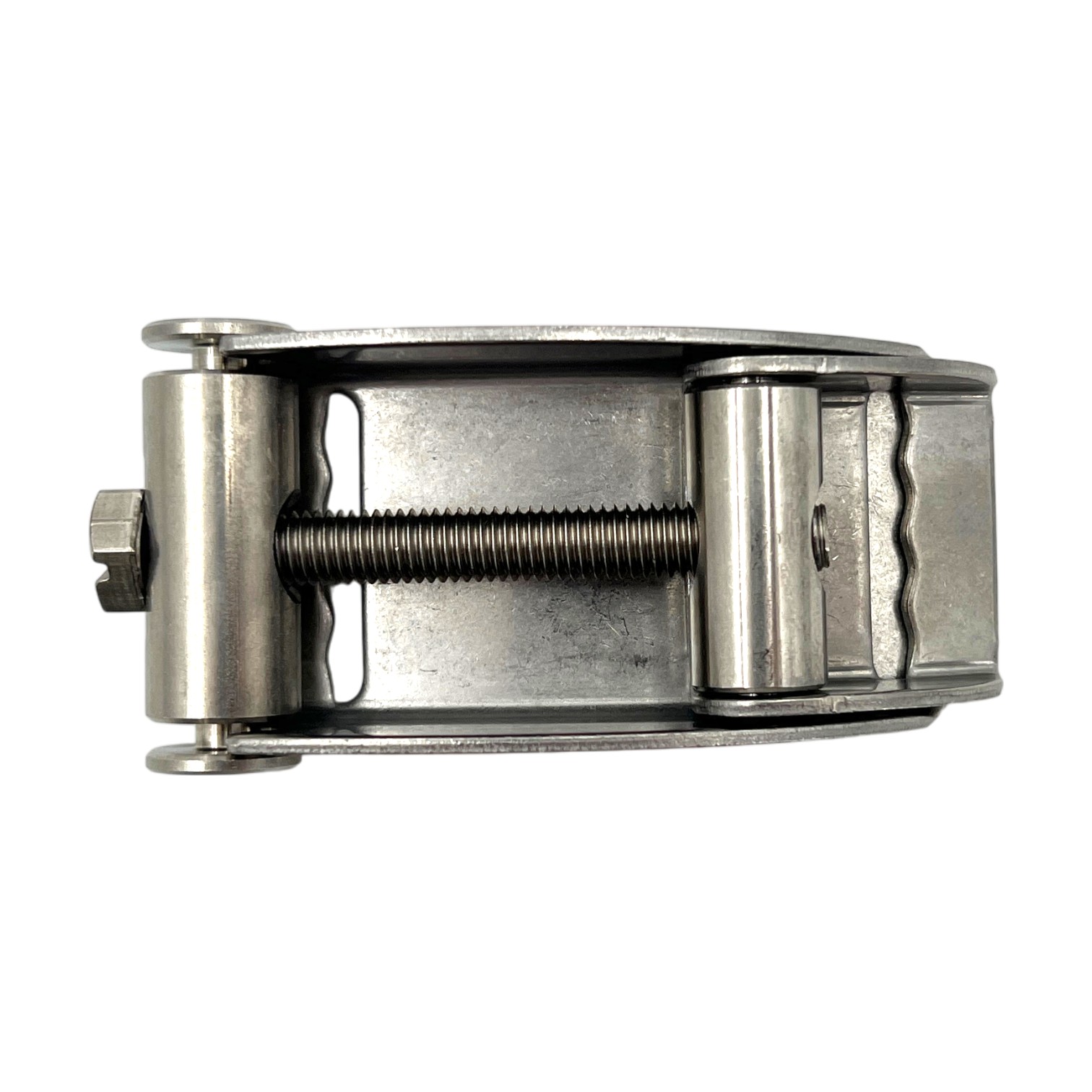 Oetiker Schraubschloss 540R/30+, 30 mm Bandbreite, aus glänzendem Edelstahl V2A (1.4301) mit sichtbarer Gewindestange, auf weißem Hintergrund.