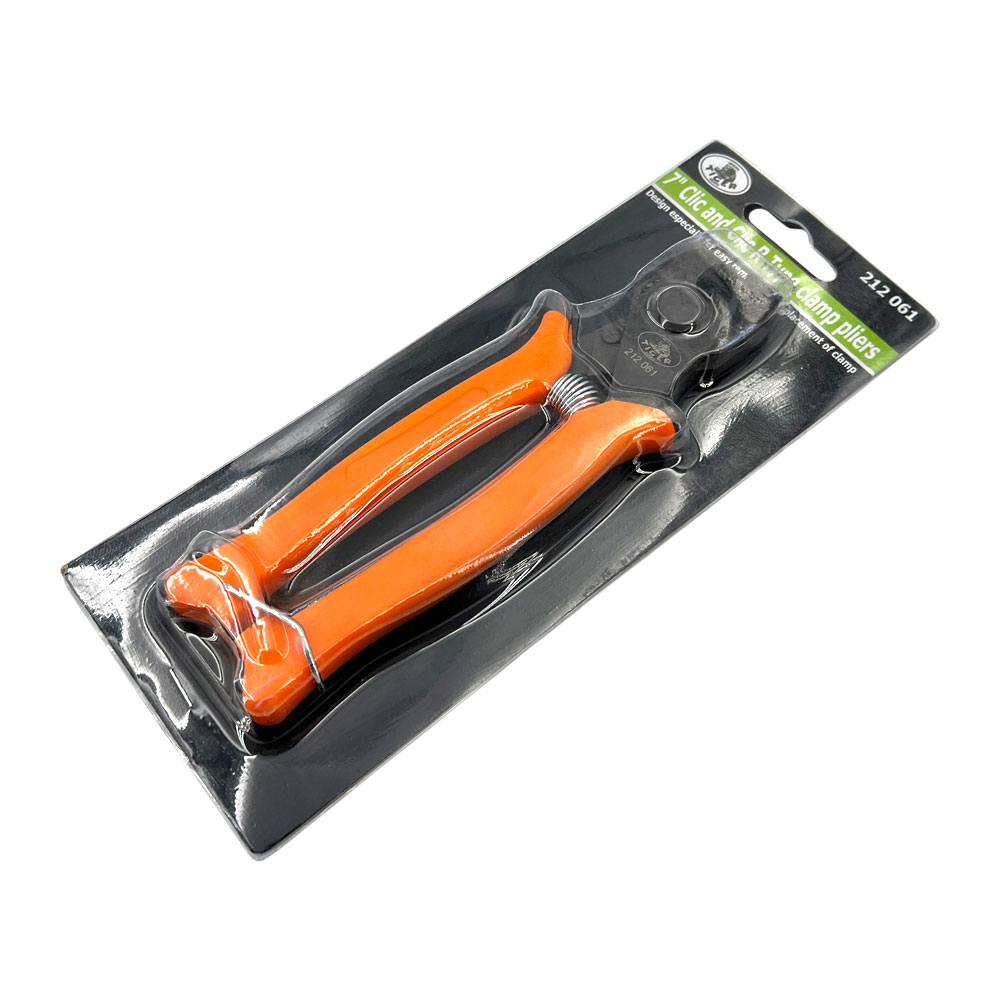 Verpackte Schlauchklemmen-Zange für COBRA, CLIC und CLIC-R Schlauchschellen (Modell 212 061) mit orangefarbenen Griffen auf weißem Hintergrund.