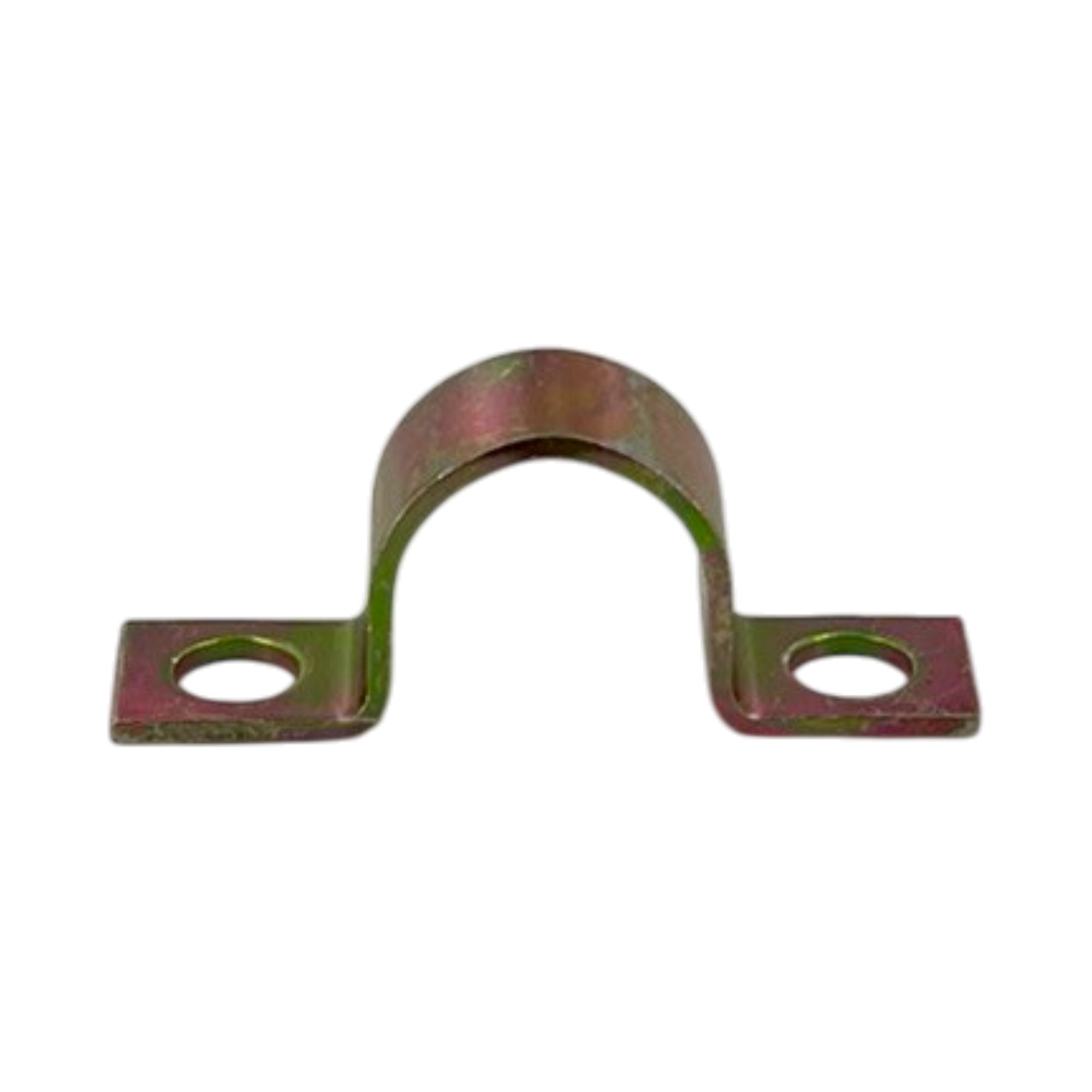 Gelb verzinkte Befestigungsschelle BSL 1x18 DIN 72573 mit 7 mm Lochung, auf weißem Hintergrund.