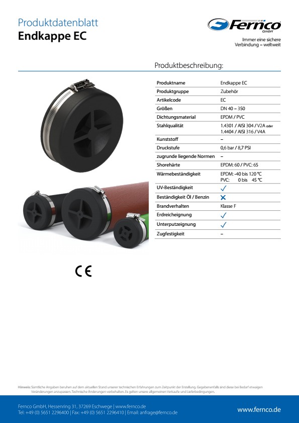 Produktbild der Fernco Endkappe EC. Drei schwarze Endkappen aus EPDM/PVC mit Edelstahl-Klemmschellen in verschiedenen Größen, teilweise auf Rohrenden montiert, zur Abdichtung von Rohrsystemen.
