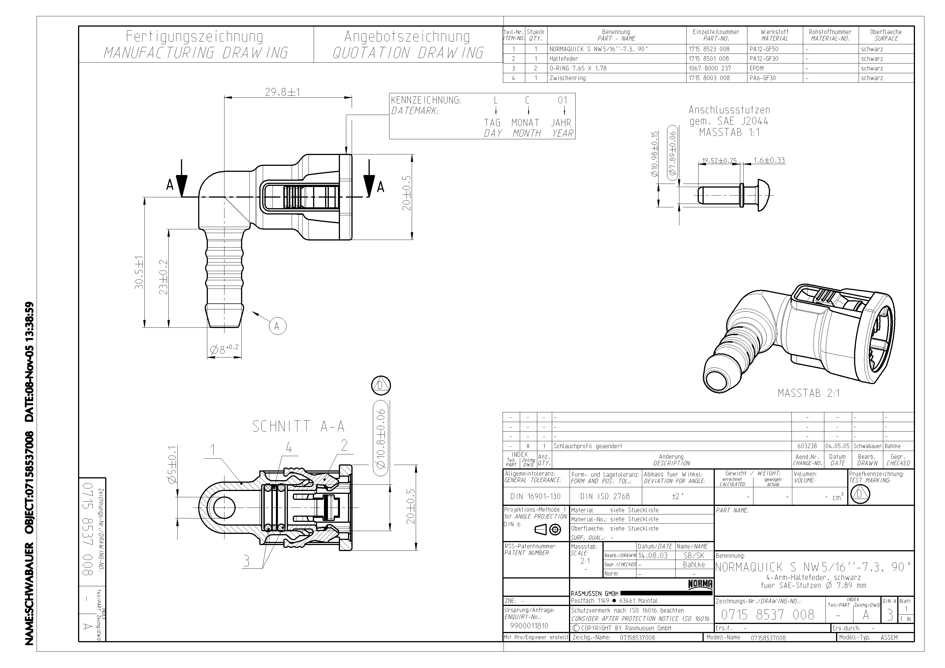 NORMAQUICK S NW5/16''-7.3, 90° Schnellverbinder, schwarz, passend für SAE J2044 Stutzen, Zeichnungs-Nr. 0715 8537 008. Technische Zeichnung eines schwarzen 90-Grad-NORMAQUICK S NW5/16'' Schnellverbinders für Schläuche gemäß SAE J2044, mit mehreren Ansichten und detaillierten Bemaßungen.