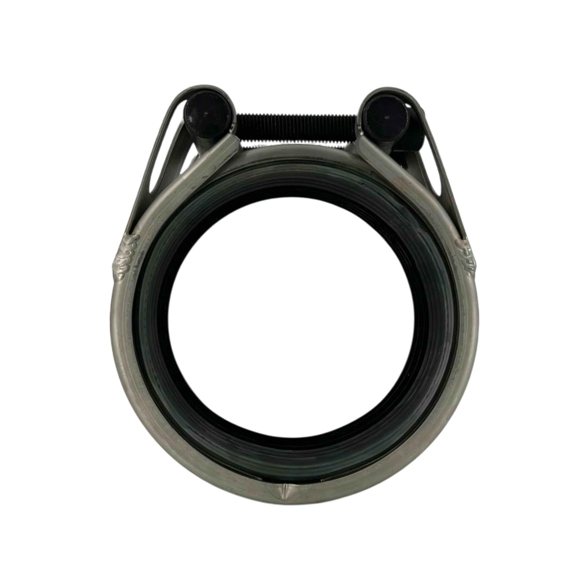 Teekay Rohrkupplung Grip E W2, 159,0 mm Durchmesser, aus silbernem Metall mit integrierter schwarzer EPDM-Dichtung und Spannmechanismus, frontal auf weißem Hintergrund.