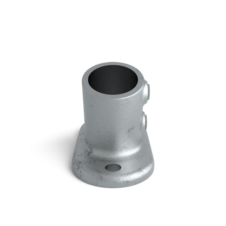 Rohrverbinder Bodenbefestigung variabel Typ 12U: Ein silberner Metallverbinder mit einer flachen Basis zur Bodenmontage, versehen mit einer ovalen Befestigungsbohrung. Er besitzt eine zylindrische Rohraufnahme mit zwei seitlichen Klemmschrauben und ist fü