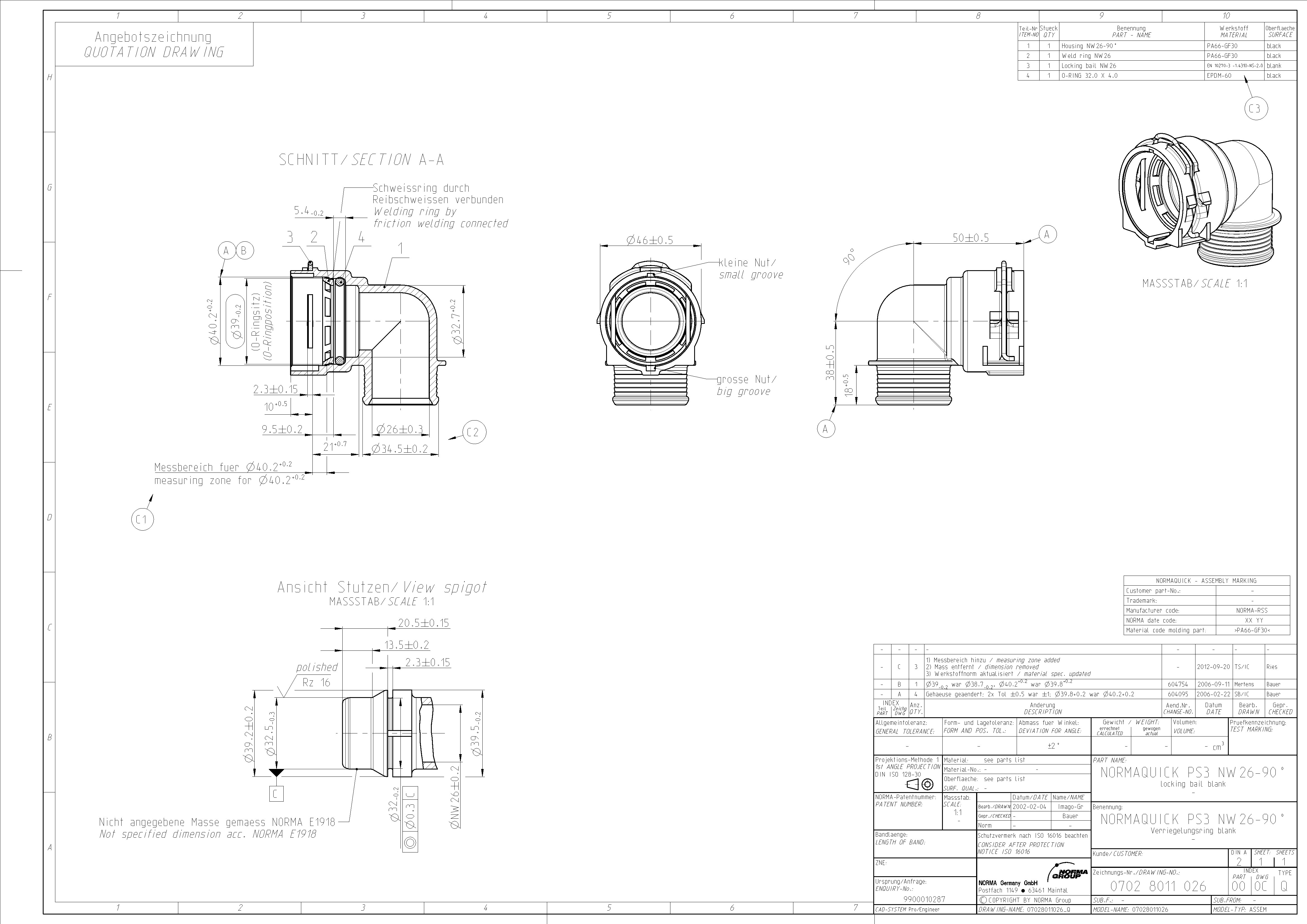 NORMAQUICK PS3 NW 26-90° Winkelverbinder mit Verriegelungsring, integriertem Schweißring und relevanten technischen Maßen für Montage und Funktion. Technische Zeichnung des NORMAQUICK PS3 NW 26-90° Winkelverbinders, detailliert dargestellt mit Schnittansicht, Spigot-Ansicht und isometrischer Darstellung.