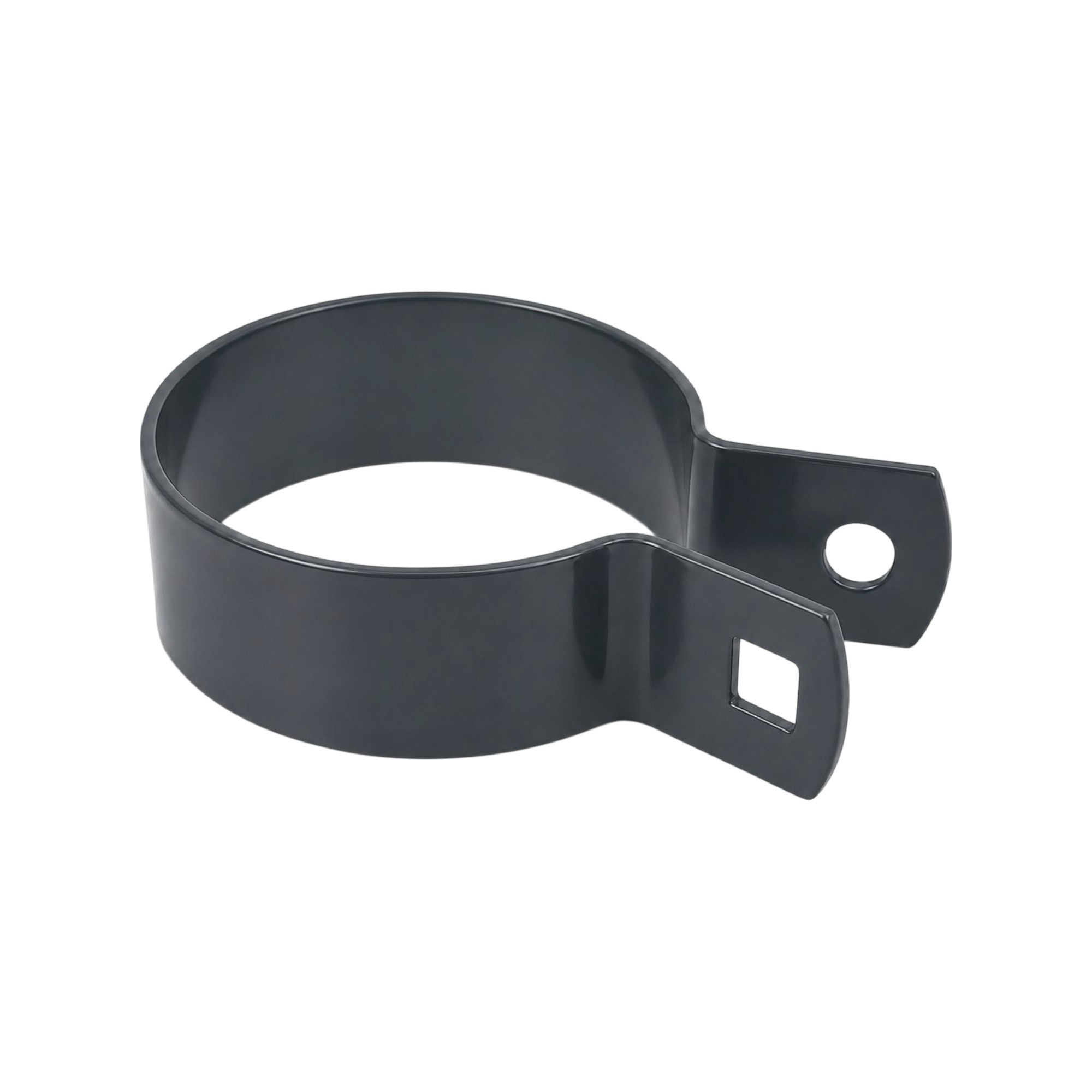 Strebenschelle, schwarze, robuste Metallklemme mit einem runden und einem quadratischen Befestigungsloch, detailreich vor weißem Hintergrund.
