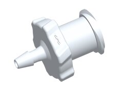 Weißer CPC Fit-Quick Schlauchanschluss LF2130 aus Nylon mit 1,6 mm (1/16 Zoll) Tülle und weiblichem Luer-Anschluss.