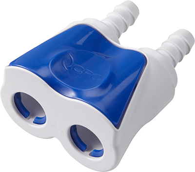 DTLD17004 - Doppelkupplung 6,4 mm Schlauchanschluss, mit Absperrventil, Buna-N Dichtung DTLD17004 Doppelkupplung, weiß-blau, mit zwei 6,4 mm Schlauchanschlüssen und zwei Buchsen, inklusive Absperrventil und Buna-N Dichtung.