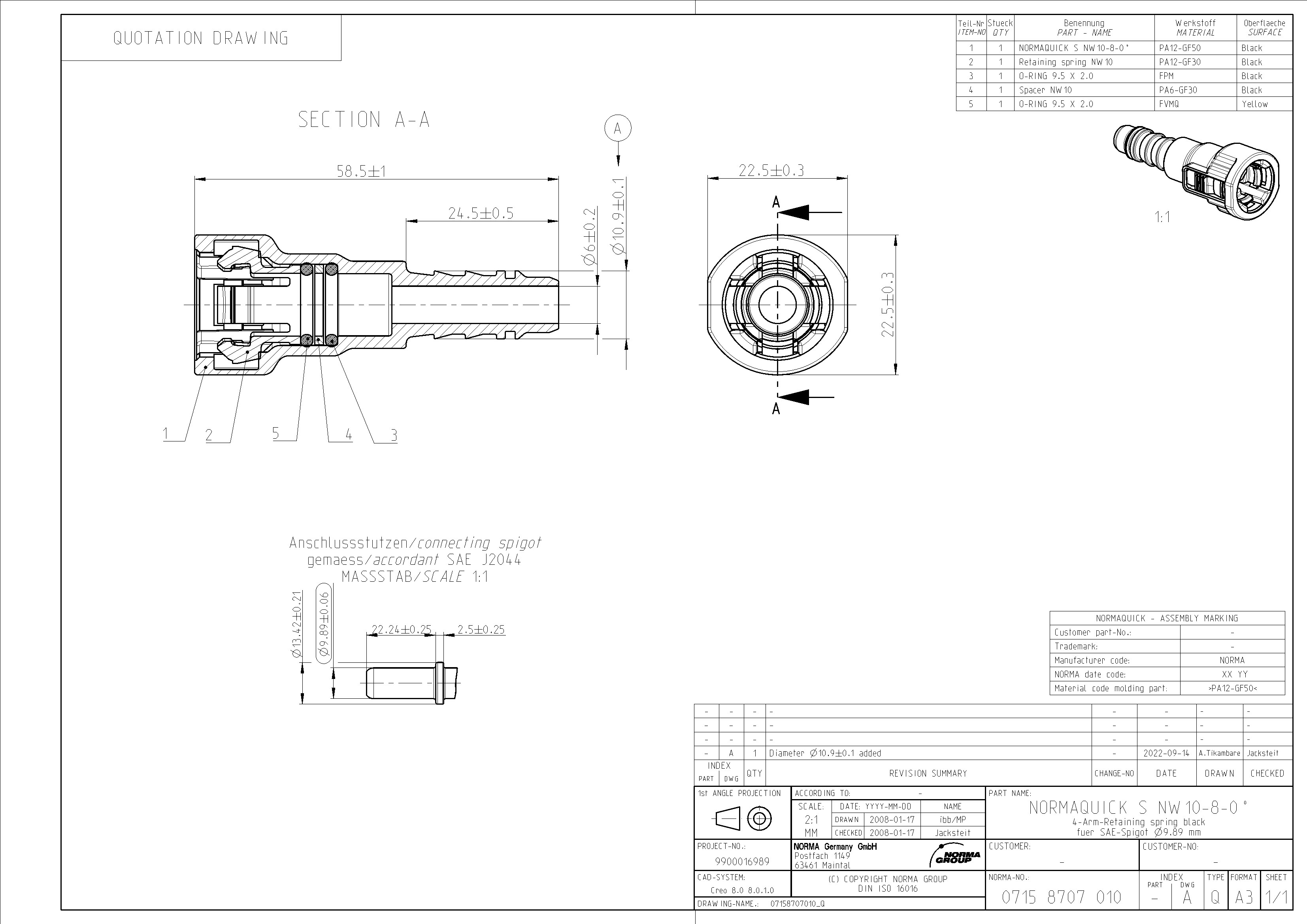 NQ-S gerade Steckverbindung NW 10, mit 8 mm Schlauchanschluss