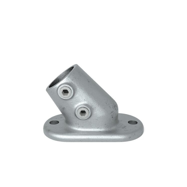 Rohrverbinder Bodenbefestigung variabel Typ 12W, Winkel 30-45 Grad. Silberfarbenes Metallgussteil mit ovaler Bodenplatte für zwei Schrauben und einem abgewinkelten Rohreinsatz mit zwei Innensechskantschrauben.