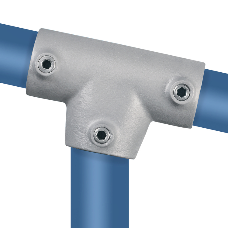 Grauer Rohrverbinder T-Stück / T-Verbinder lang, verstellbar 0°-11° - Typ 4S, der mit drei Inbusschrauben drei blaue Rohre in einer T-Formation zusammenhält.