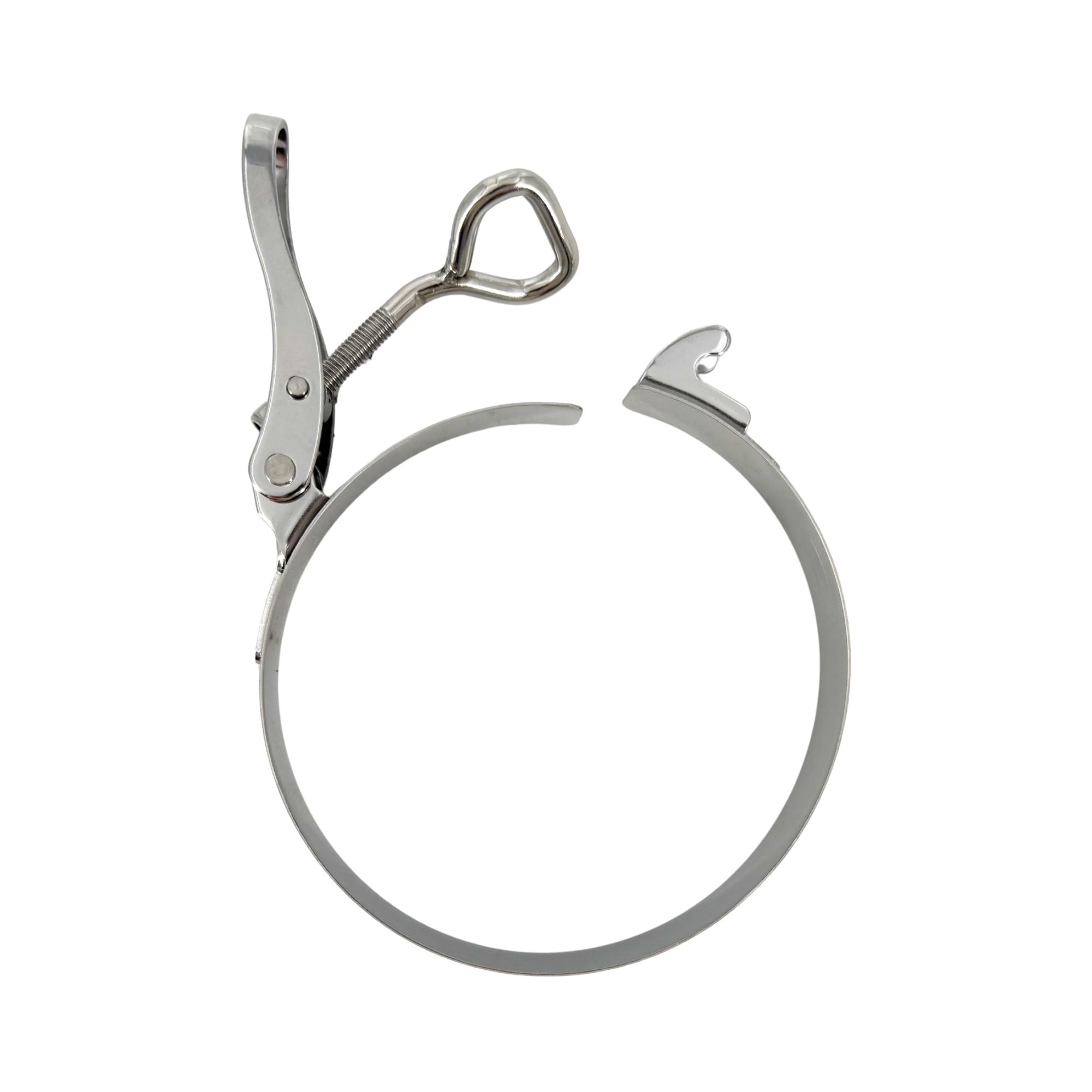 Glänzende, silberfarbene Schnellverschluss Schelle SVS mit Ösenschraube, bereit zum Schließen. Die offene Metallbandschelle besitzt einen Hebelmechanismus mit einer Ösenschraube an einem Ende und einen passenden Haken am gegenüberliegenden Ende.