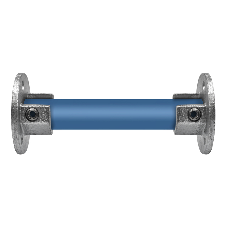 Rohrverbinder Halterung rund mit Einlage (Set aus 2 Stück) - Typ 15. Zwei silberfarbene runde Rohrhalterungen, die ein blaues Rohr stabilisieren, auf weißem Hintergrund.