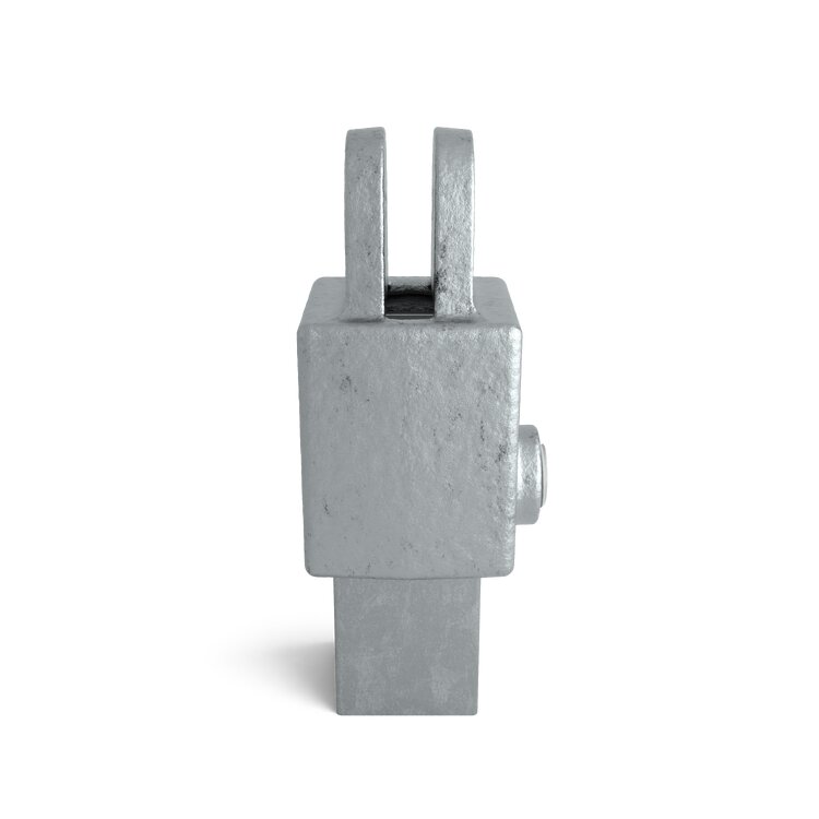 Rohrverbinder Gelenkhalter - Typ 42S aus verzinktem Metall, eine detaillierte Ansicht des robusten Verbindungsstücks mit zwei Gabelarmen oben und einer seitlichen Klemmschraube.
