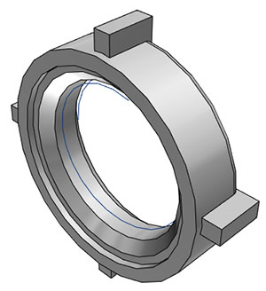 694300 - Plattenmontagemutter aus Polysulfon für sichere und langlebige Montage in verschiedenen Anwendungen. 3D-Ansicht der Plattenmontagemutter 694300 aus Polysulfon, eine runde, graue Befestigungskomponente mit innerer Nut und vier seitlichen Haltestegen.