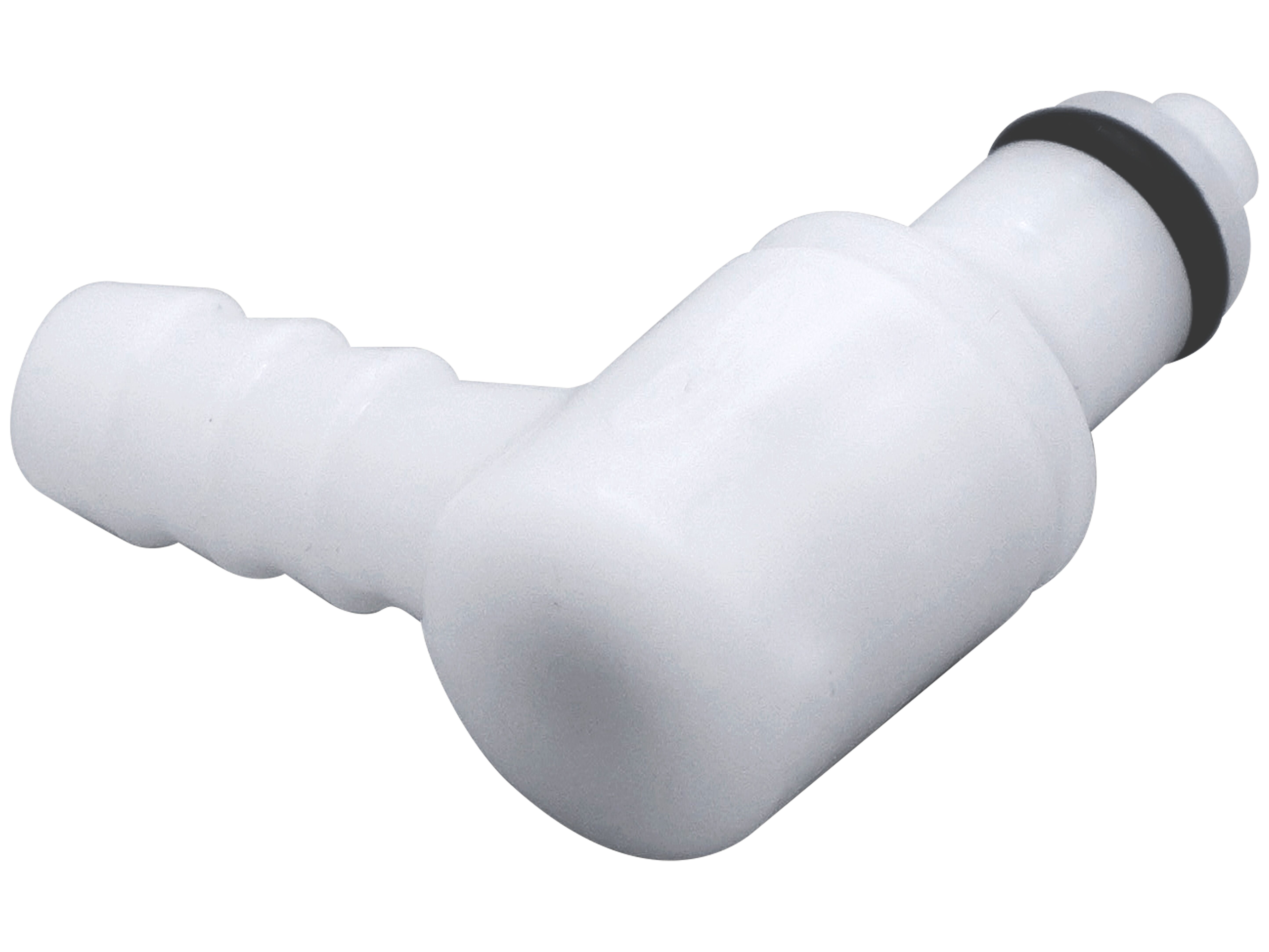 PMCD2304 weißer CPC Winkelstecker aus Kunststoff, mit 6,4 mm Schlauchanschluss und Absperrventil, inklusive schwarzer Buna-N Dichtung.