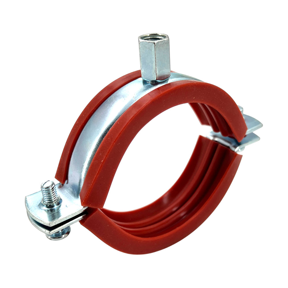 Rote Silikon Rohrschelle, verzinkt, mit Anschlussmutter M8/M10 auf weißem Hintergrund.