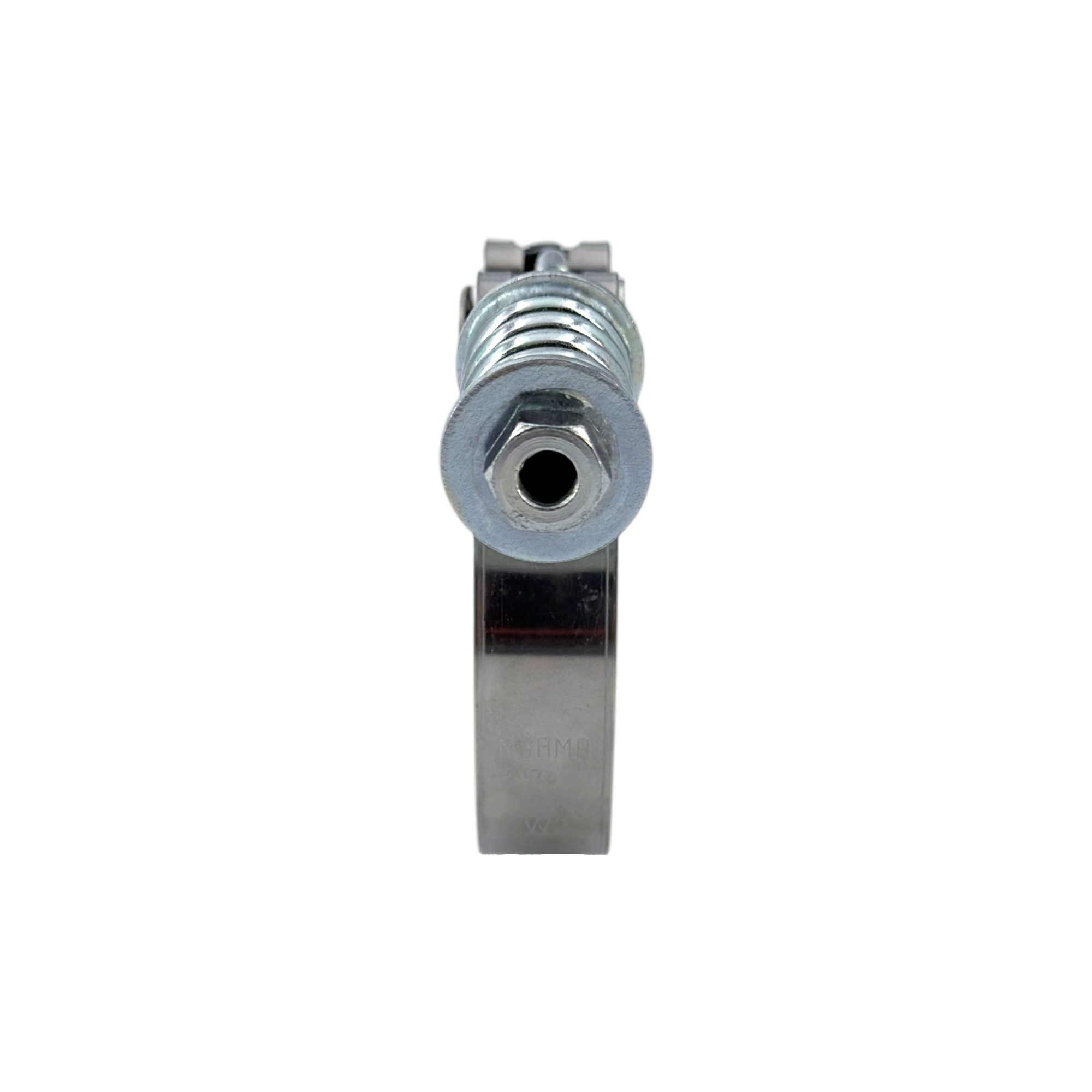 Gelenkbolzenschelle GBS 8112 mit Druckfeder, Breite 20 mm, W2 in Frontalansicht. Zu sehen ist die Metallschelle mit Bolzen, Unterlegscheibe und Druckfeder.