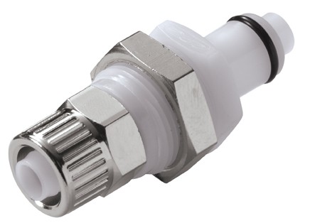 PLCD40006 - Stecker 9,5mm AD / 6,4 mm ID Klemmringverschraubung, Plattenmontage, mit Absperrventil
